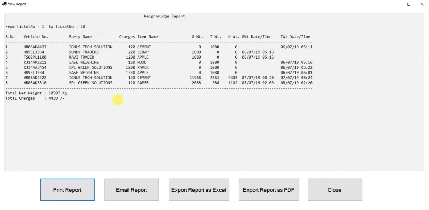 EagleOS weighbridge report screen